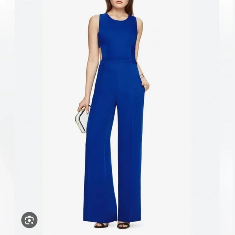 NWT BCBG MaxAzria Rossana in Royal Blue Satin Wide Leg Cutout Jumpsuit 4 x 32